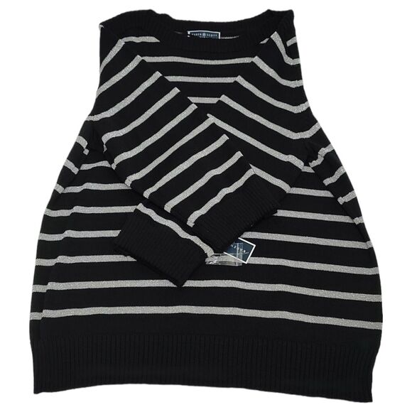 NEW Karen Scott Size 2x Sweater Black Silver Stripe Shimmer 1/4 Button Sleeve - Picture 7 of 10